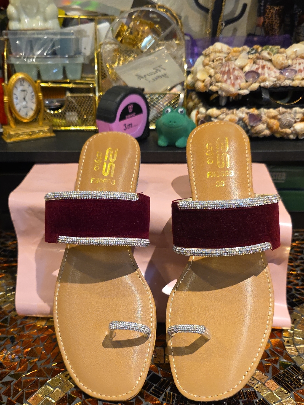Burgundy Velvet Slide Sandals with Rhinestone Accents